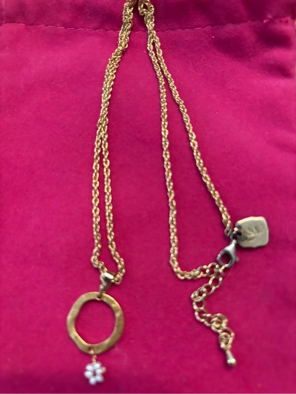 Half United Gold-Tone Circle White Flower Seed Pearl Hammered Circle Necklace